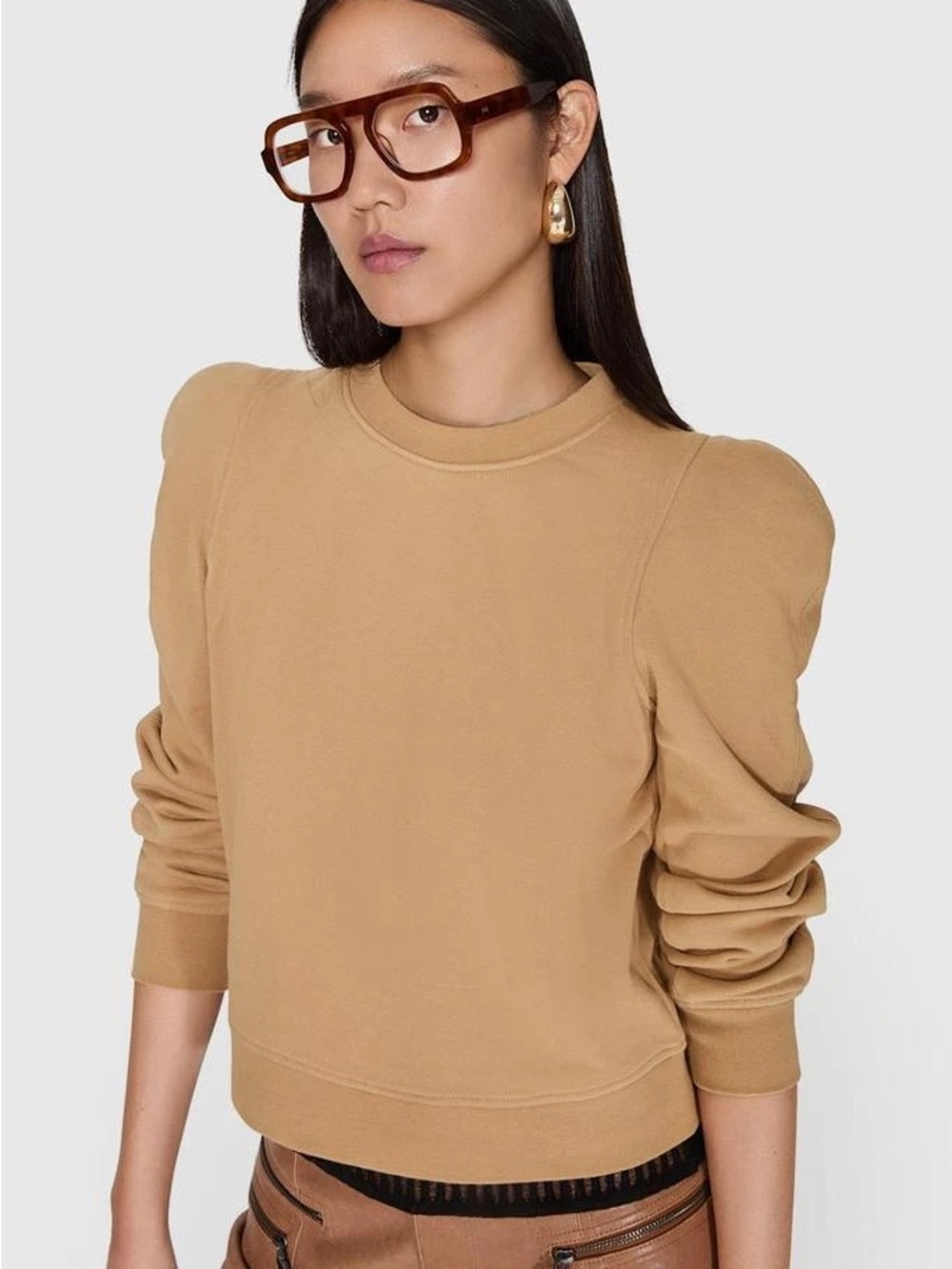 TCEC Puff-Sleeve Crewneck Sweatshirt in Camel